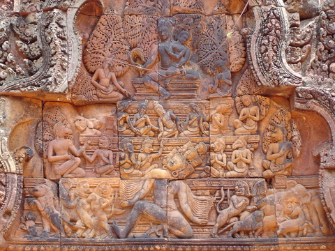 在羅摩衍那的故事傳說(shuō)高棉石頭雕刻細(xì)節(jié)；Preah Ko；cambodgia吳哥寺廟；