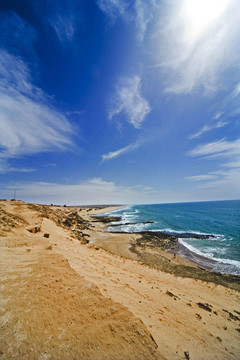 海灘；海洋；沙；太陽(yáng)；風(fēng)；波浪