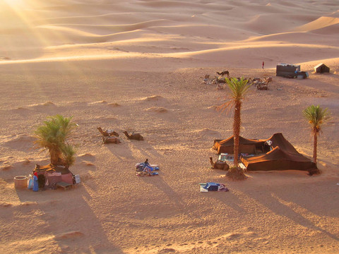 對駱駝的帳篷營地的日落；Erg Chebbi；梅爾祖卡；摩洛哥
