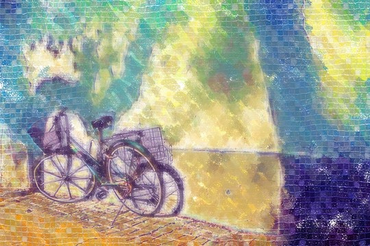 墻角的自行車 油畫