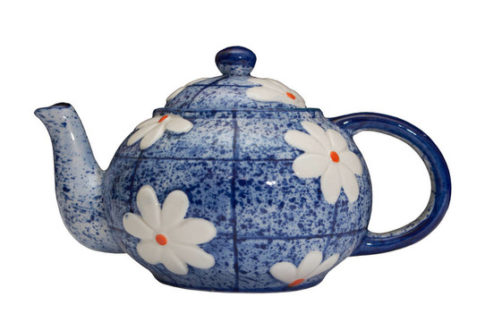 白色背景上的藍(lán)色茶壺