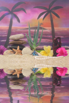 日落背景的花和如來佛祖