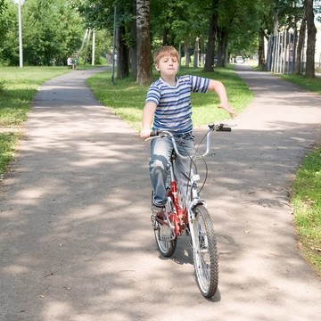 在一個夏天的公園里騎自行車的男孩