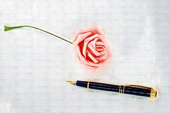 油畫 玫瑰花和鋼筆