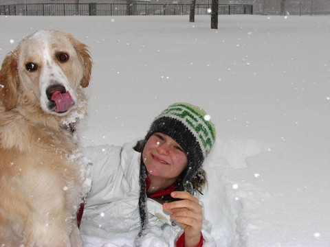 雪中的女孩和狗
