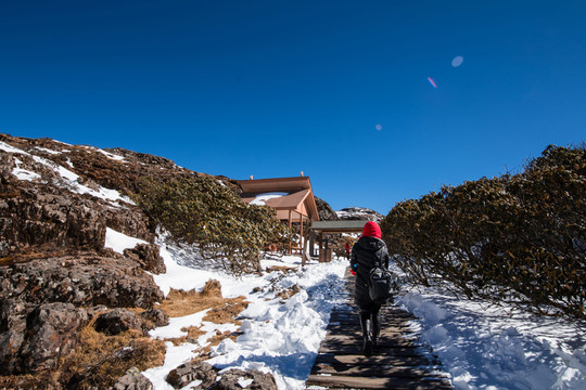 雪山棧道上的紅頭巾女客