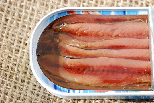 開罐鳀魚片在粗麻布