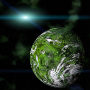 綠色星球在銀河背景上