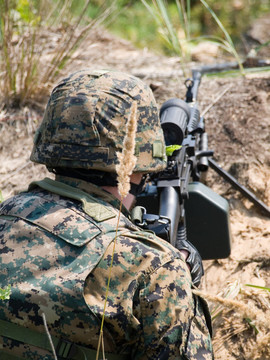 士兵射擊他的機槍