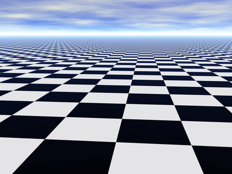 棋牌黑白無限地板和多云藍天