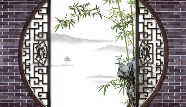 山水 中式圓門