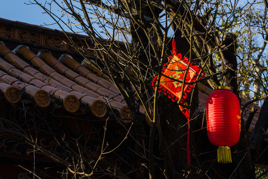 古建筑屋檐老樹中國結(jié)