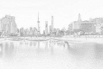 上海外灘全景線描