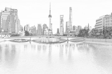 上海外灘全景線描