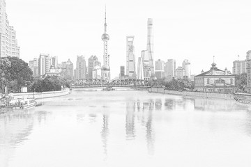 上海外灘全景線描