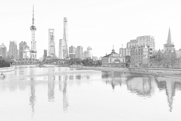 上海外灘全景線描
