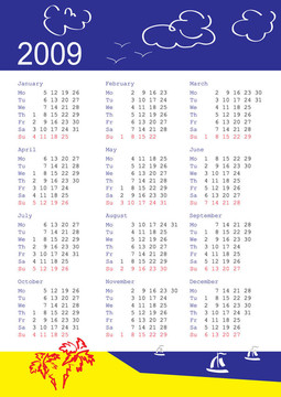 日歷2009。星期一是第一次