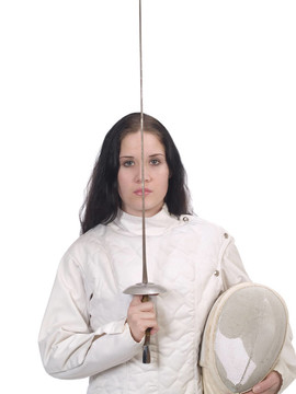 擊劍和面具的年輕女子在擊劍外套