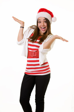 幸福的女人在Santa帽