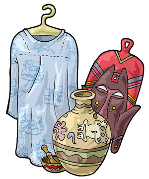 非洲工藝：衣服；面具；碗和罐子