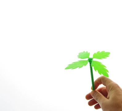 手抓綠色塑料花