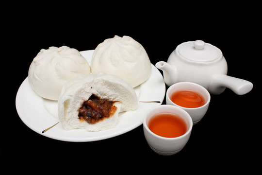 中國的叉燒包與Teapot和茶杯