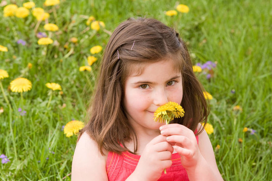 女孩Smelling Flower