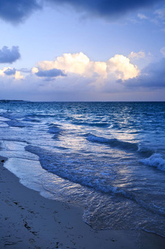 黃昏的沙灘上的海浪