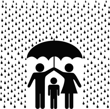 父母用雨伞保护孩子