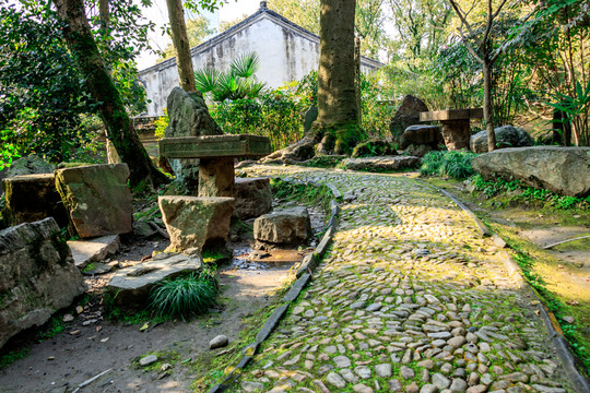 園林石子路 石子路 石椅石桌
