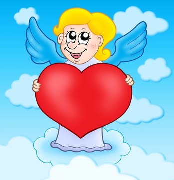 Cupid抱著心在天空