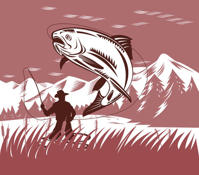 飛行漁夫捕捉一個(gè)跳躍的鱒魚(yú)