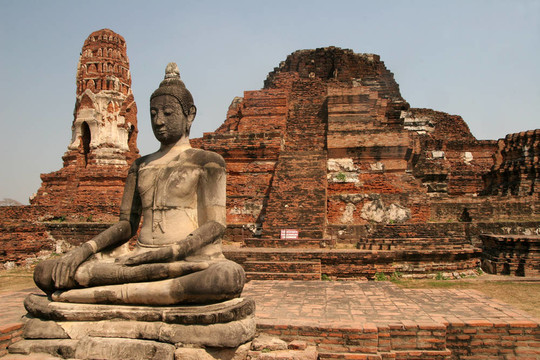 Sitting Buddha在古遺址的大城；泰國