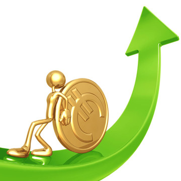 推動黃金歐元硬幣上箭頭
