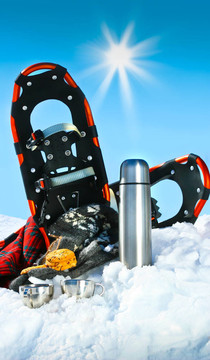 冬天的樂趣與熱巧克力和餅干在雪地里