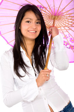時尚休閑女孩帶粉紅色雨傘