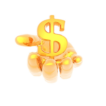 手上有一個金色的貨幣符號孤立在一個白色