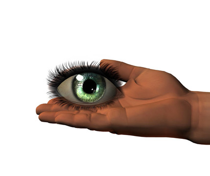 女孩眼睛的3D手上孤立的白色