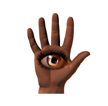 女孩眼睛的3D手上孤立的白色