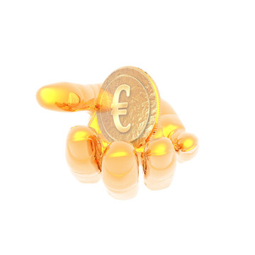 手上有一個金色的貨幣符號孤立在一個白色