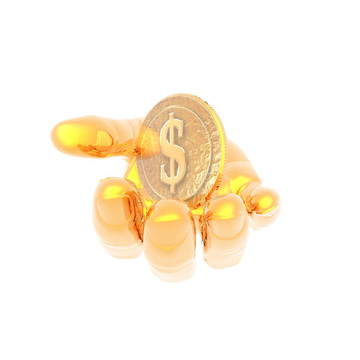手上有一個金色的貨幣符號孤立在一個白色