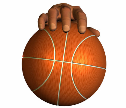 3D手與籃子孤立在白色的球