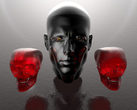 帶有兩個玻璃頭骨的3D男人頭