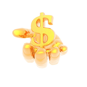 手上有一個金色的貨幣符號孤立在一個白色