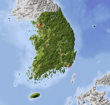 韓國；陰影地形圖