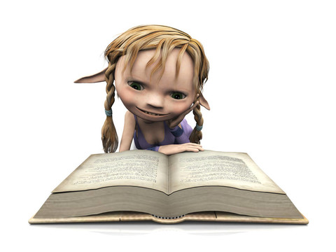 可愛卡通女孩閱讀書。