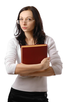 可愛的女人與可疑的外觀和大書