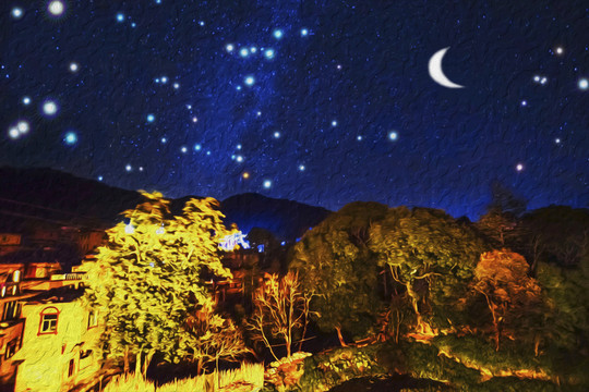 山村星月夜（油畫）