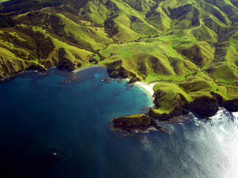 沿海岸線布滿皺紋的北國(guó)Hills和Mountains綠色外觀；新西蘭