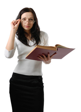 可愛(ài)的女人與大的書(shū)籍孤立在白色